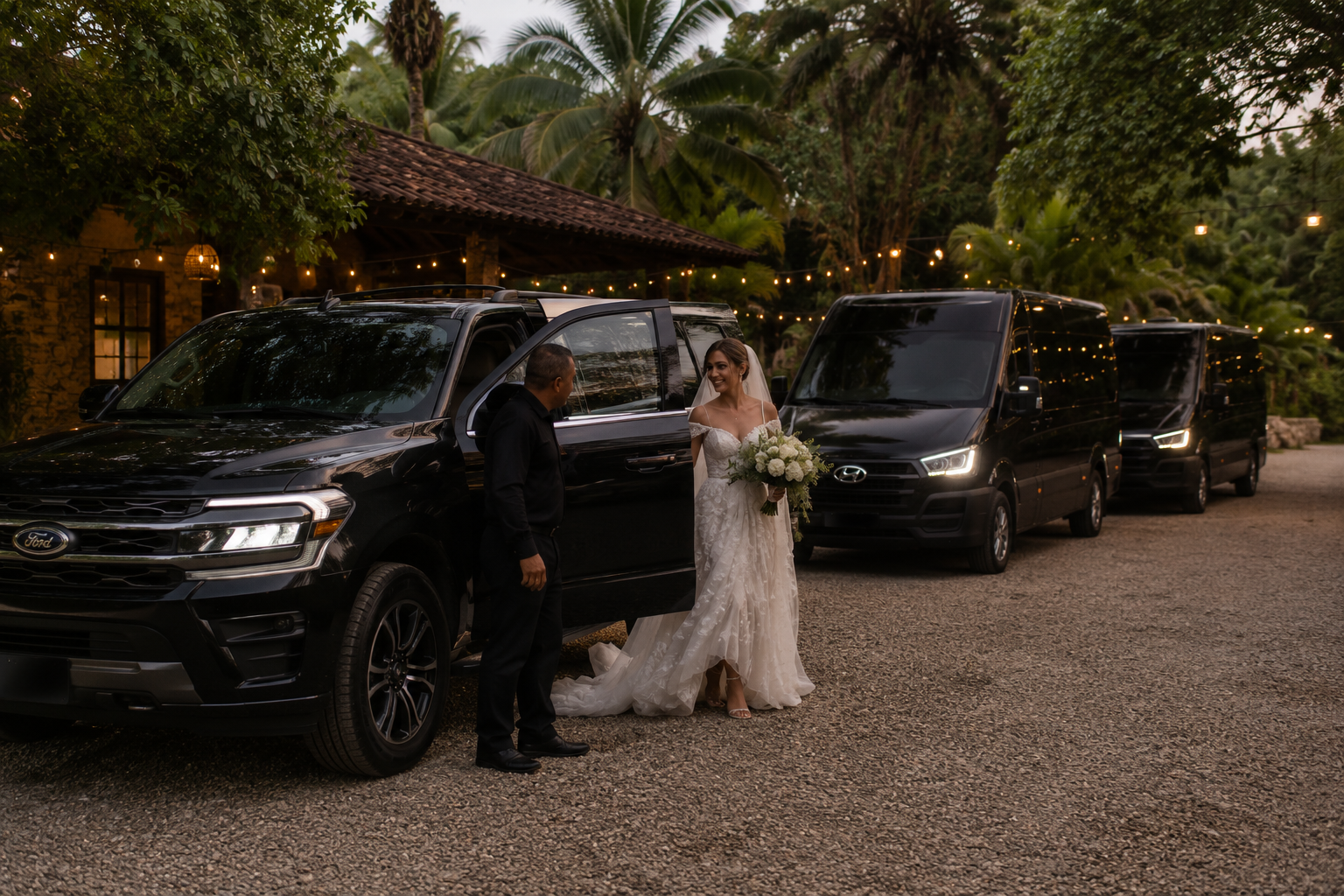 Bride arriving with the Black Car CR fleet for a destination wedding